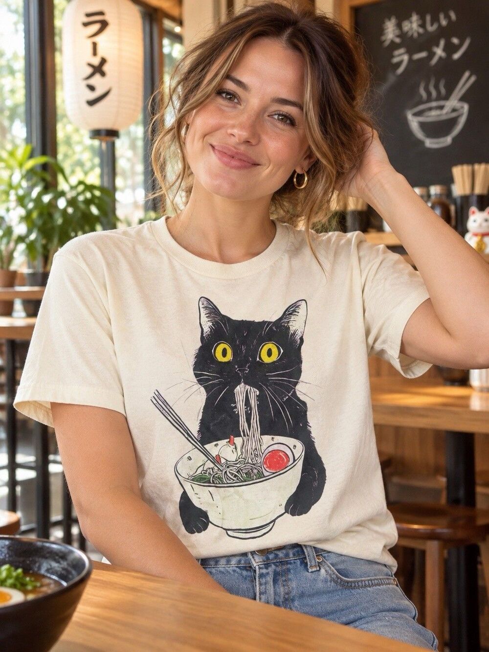 Bella Canvas Black Cat Eating Ramen Graphic T-Shirt Cream Unisex Medium Cotton